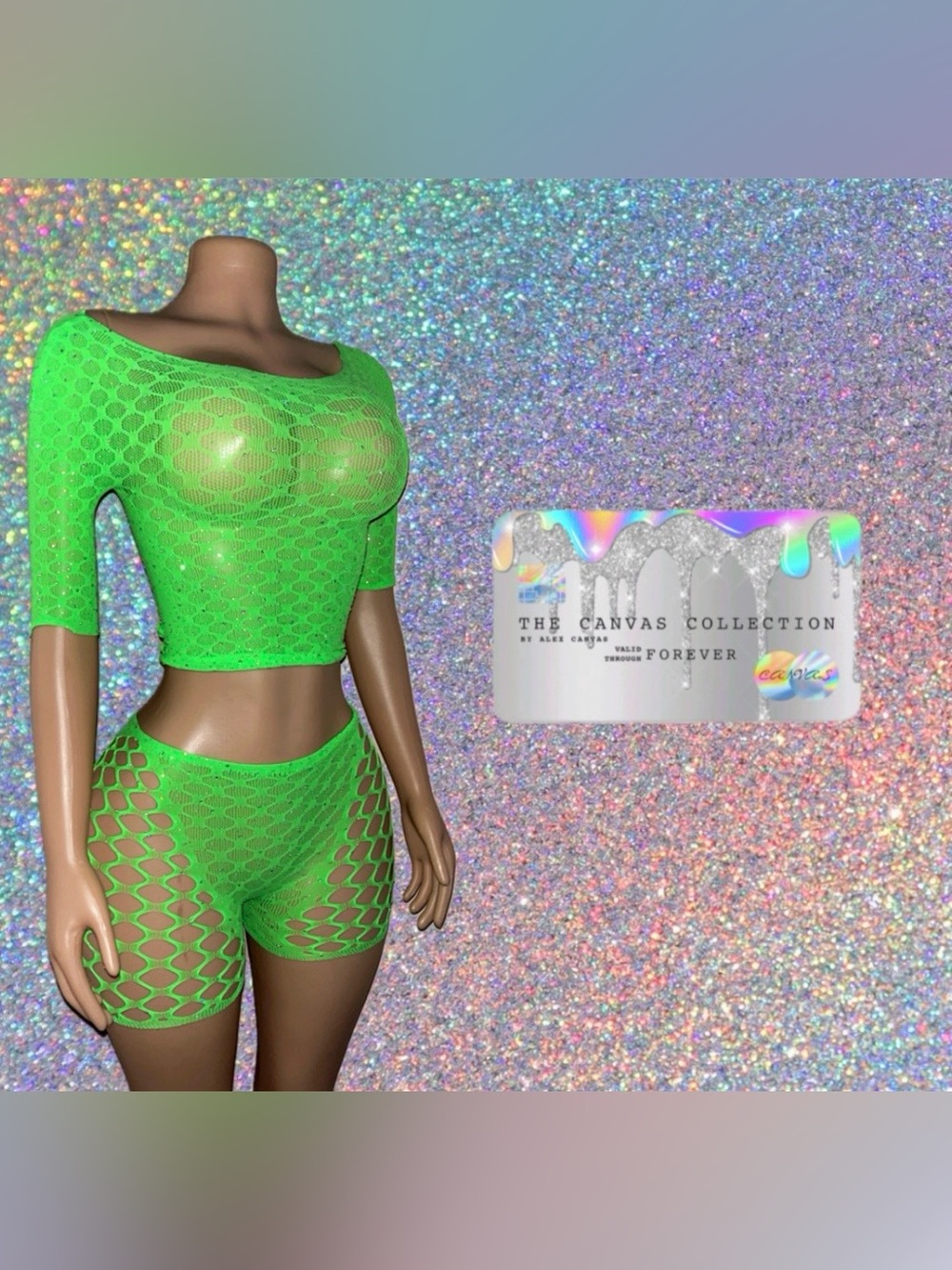 RAVE OUTFIT:Neon Green Mesh 2 Piece short set with matching rhinestone pasties